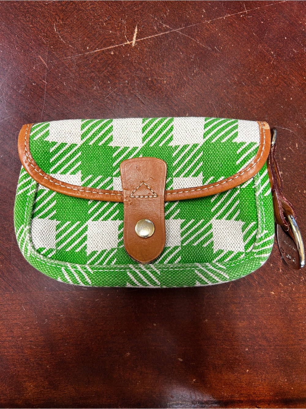 Dooney & Bourke Green and White Plaid Canvas Wristlet with Brown Trim
